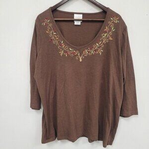 Decorated Originals Womens 3/4 Sleeve‎ Embroidered Top Size 3X Brown Mature Fall